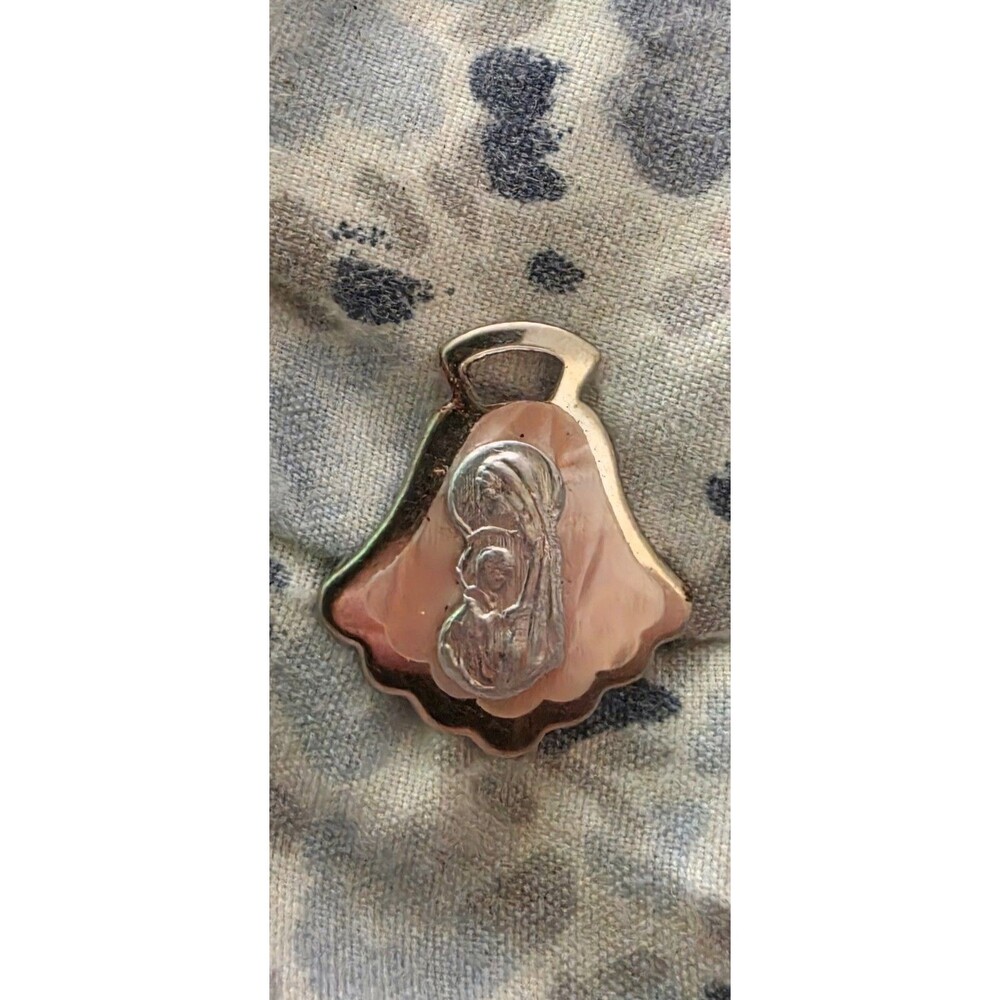 Vintage Madonna Virgin Mary Pink Art Glass Lucite Bell Pendant Charm